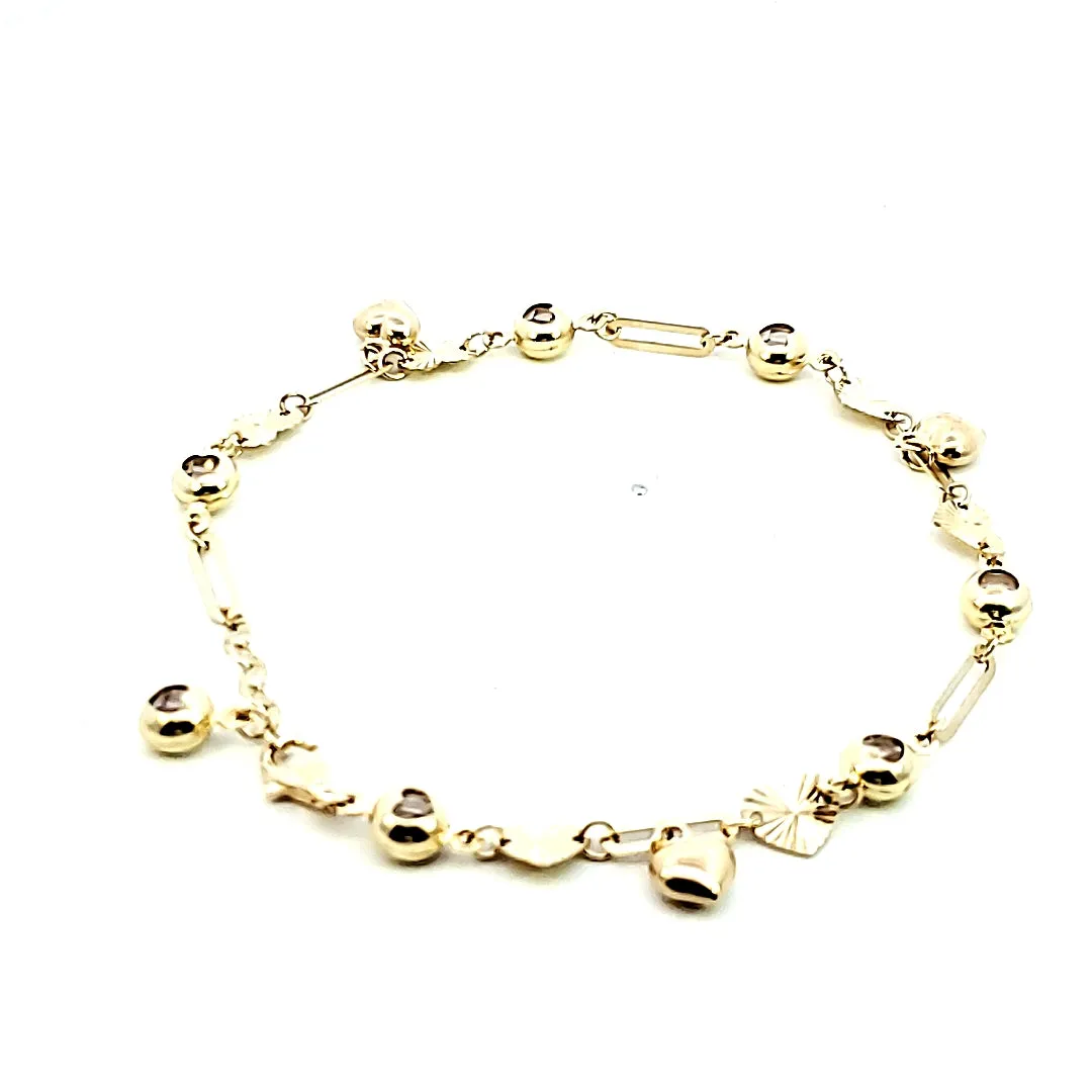 10K Real Gold Heart Charm W/Crystal Adj Fancy Bracelet (8")