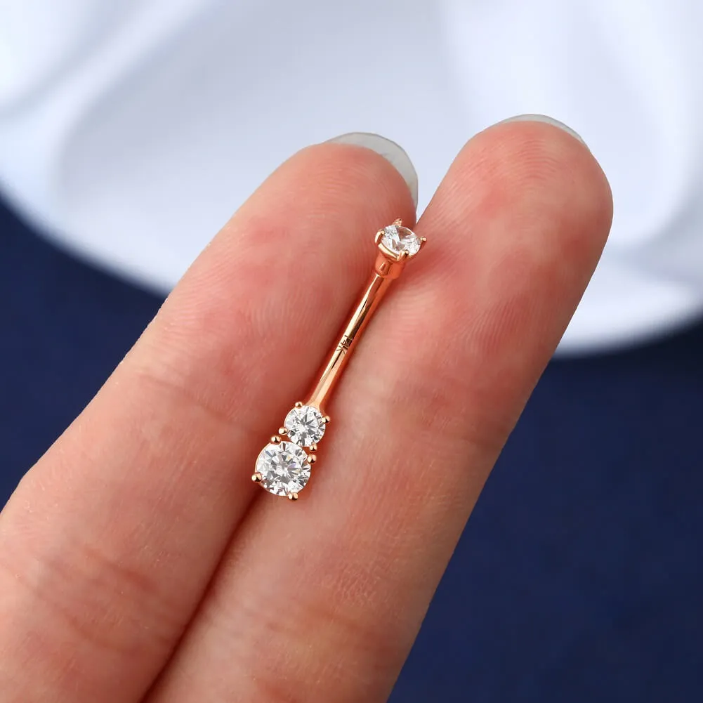 14K Real Rose Gold Belly Ring 14G Three Round Solitaire CZ Navel Ring