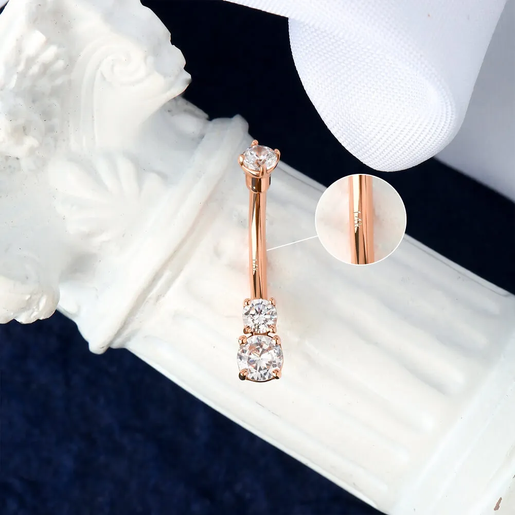 14K Real Rose Gold Belly Ring 14G Three Round Solitaire CZ Navel Ring