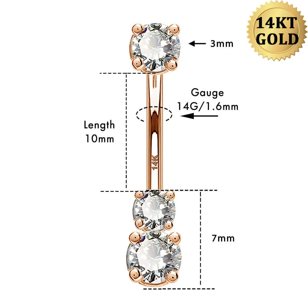 14K Real Rose Gold Belly Ring 14G Three Round Solitaire CZ Navel Ring