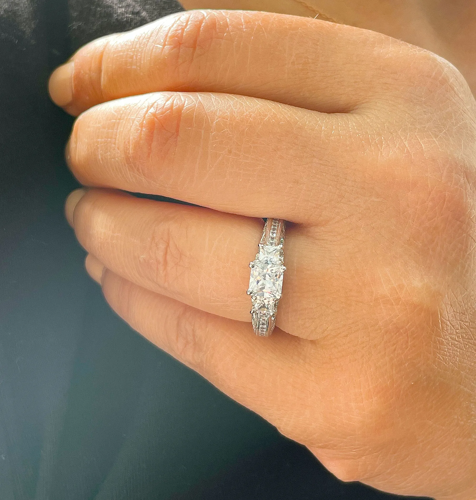 14K Solid White Gold Natural Princess Cut And Round Cut Diamond Engagement Ring Bridal Filigree Antique Style 2.00ctw