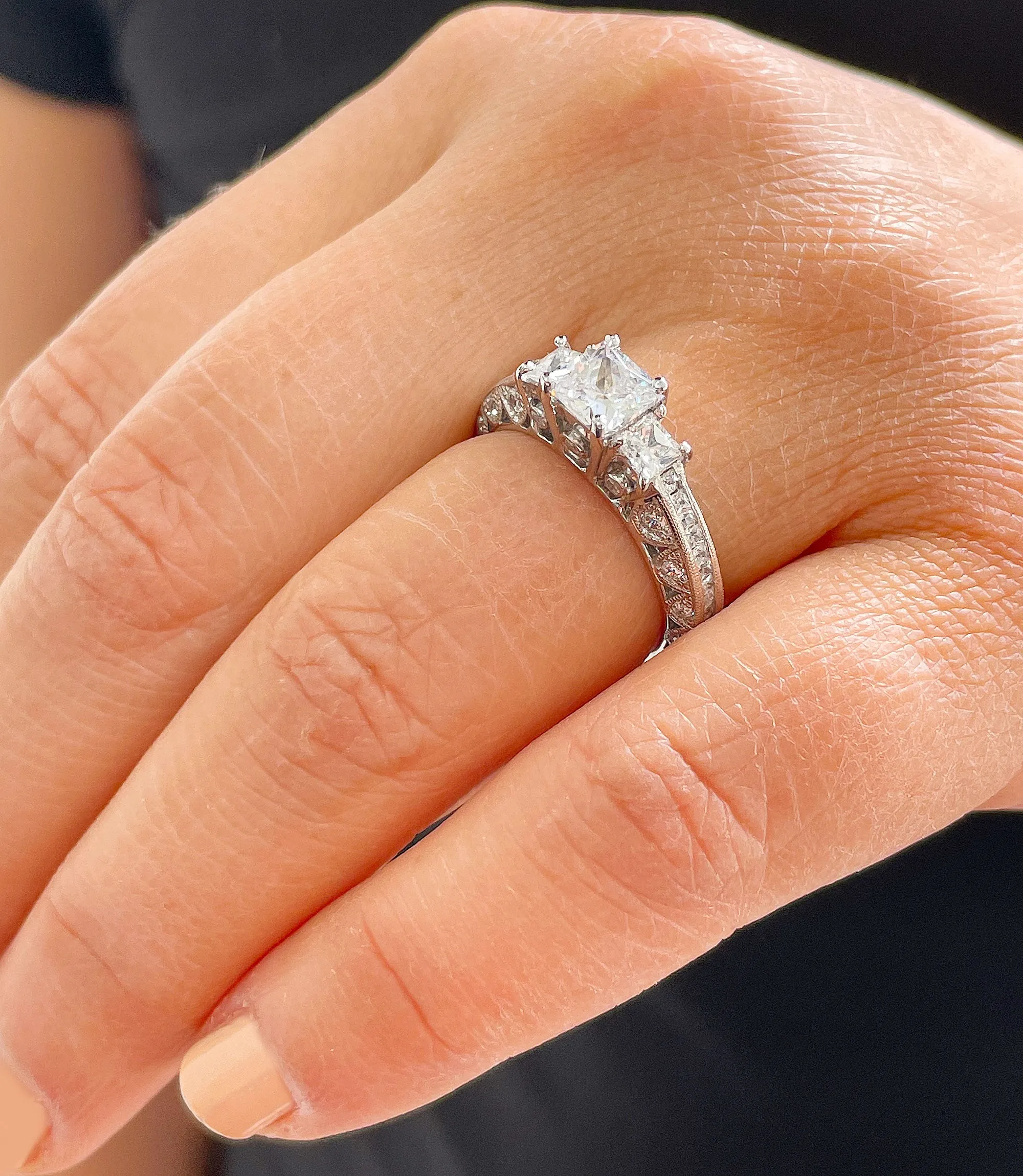 14K Solid White Gold Natural Princess Cut And Round Cut Diamond Engagement Ring Bridal Filigree Antique Style 2.00ctw