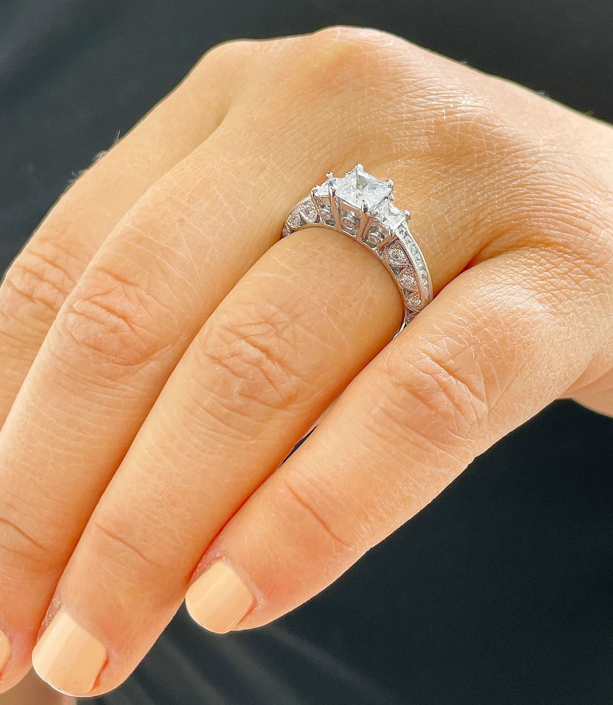 14K Solid White Gold Natural Princess Cut And Round Cut Diamond Engagement Ring Bridal Filigree Antique Style 2.00ctw