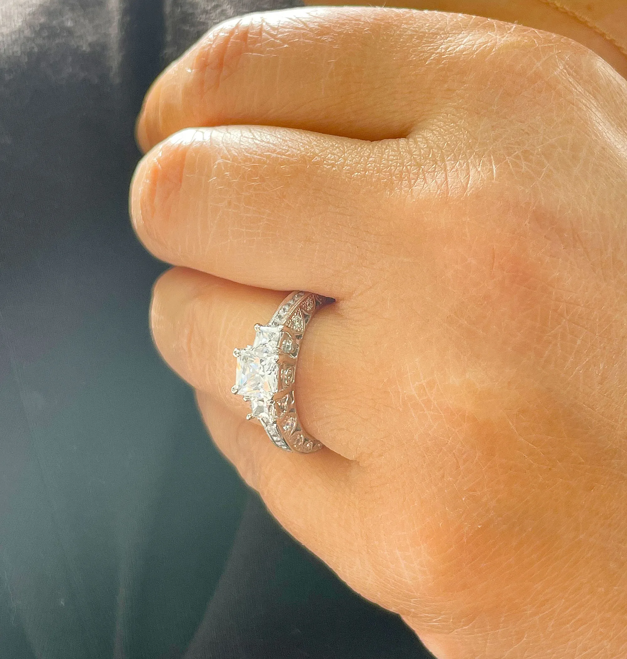 14K Solid White Gold Natural Princess Cut And Round Cut Diamond Engagement Ring Bridal Filigree Antique Style 2.00ctw