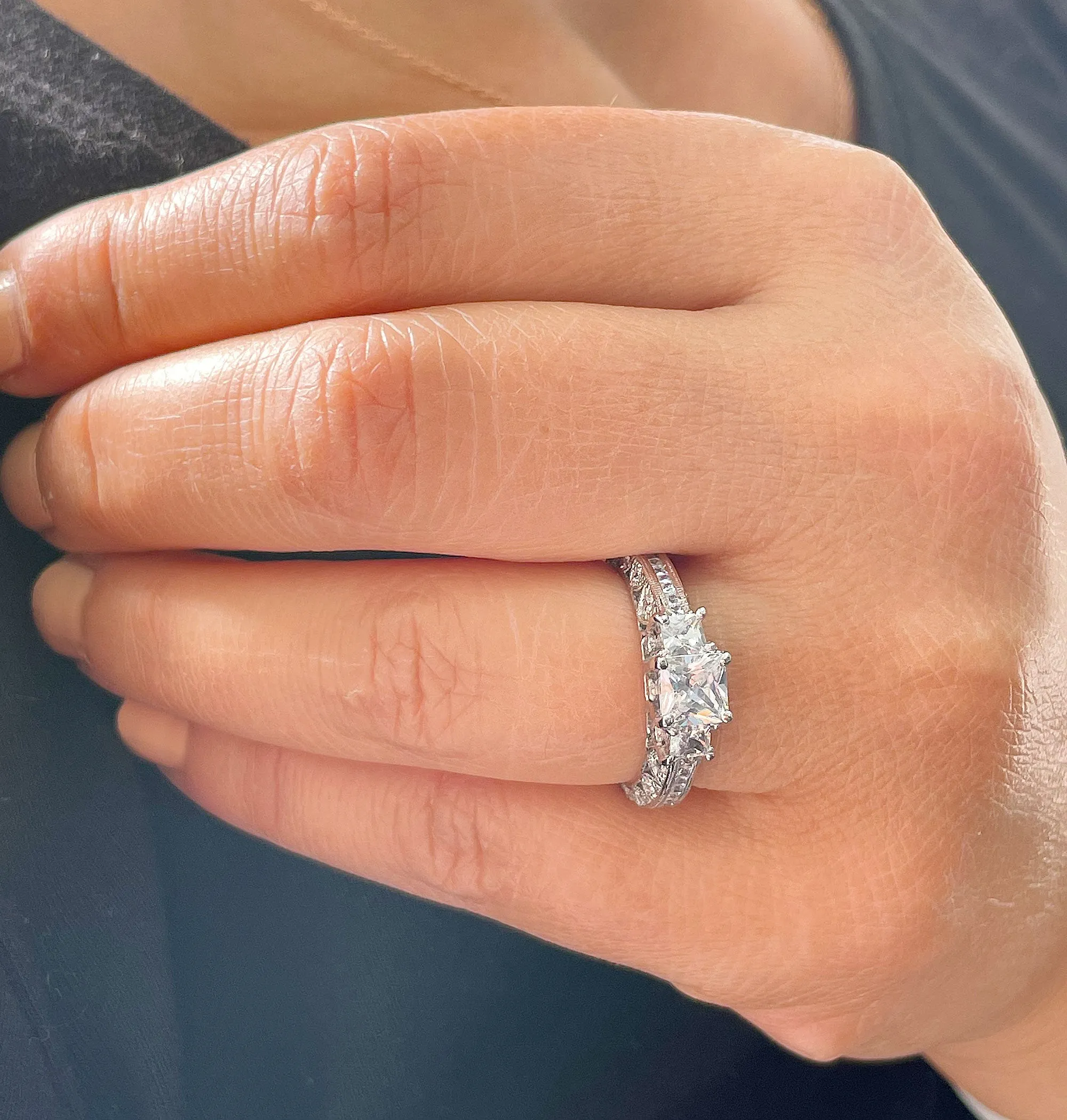 14K Solid White Gold Natural Princess Cut And Round Cut Diamond Engagement Ring Bridal Filigree Antique Style 2.00ctw