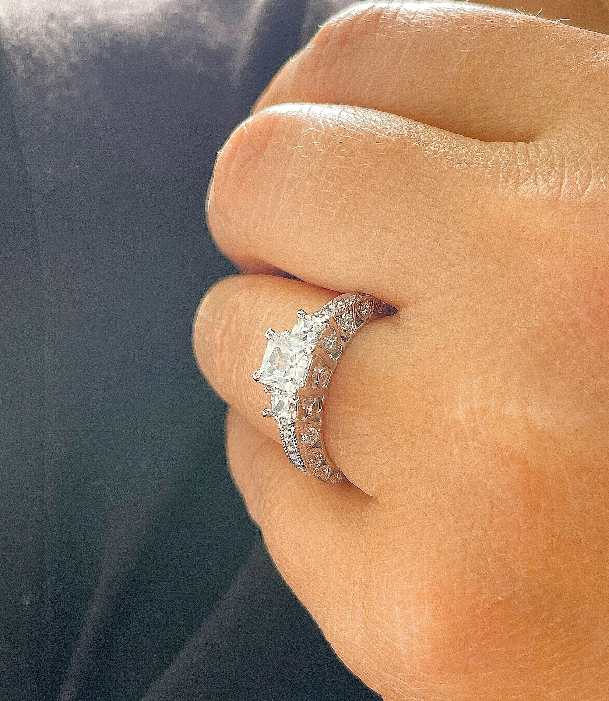 14K Solid White Gold Natural Princess Cut And Round Cut Diamond Engagement Ring Bridal Filigree Antique Style 2.00ctw