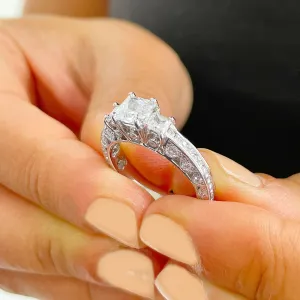 14K Solid White Gold Natural Princess Cut And Round Cut Diamond Engagement Ring Bridal Filigree Antique Style 2.00ctw
