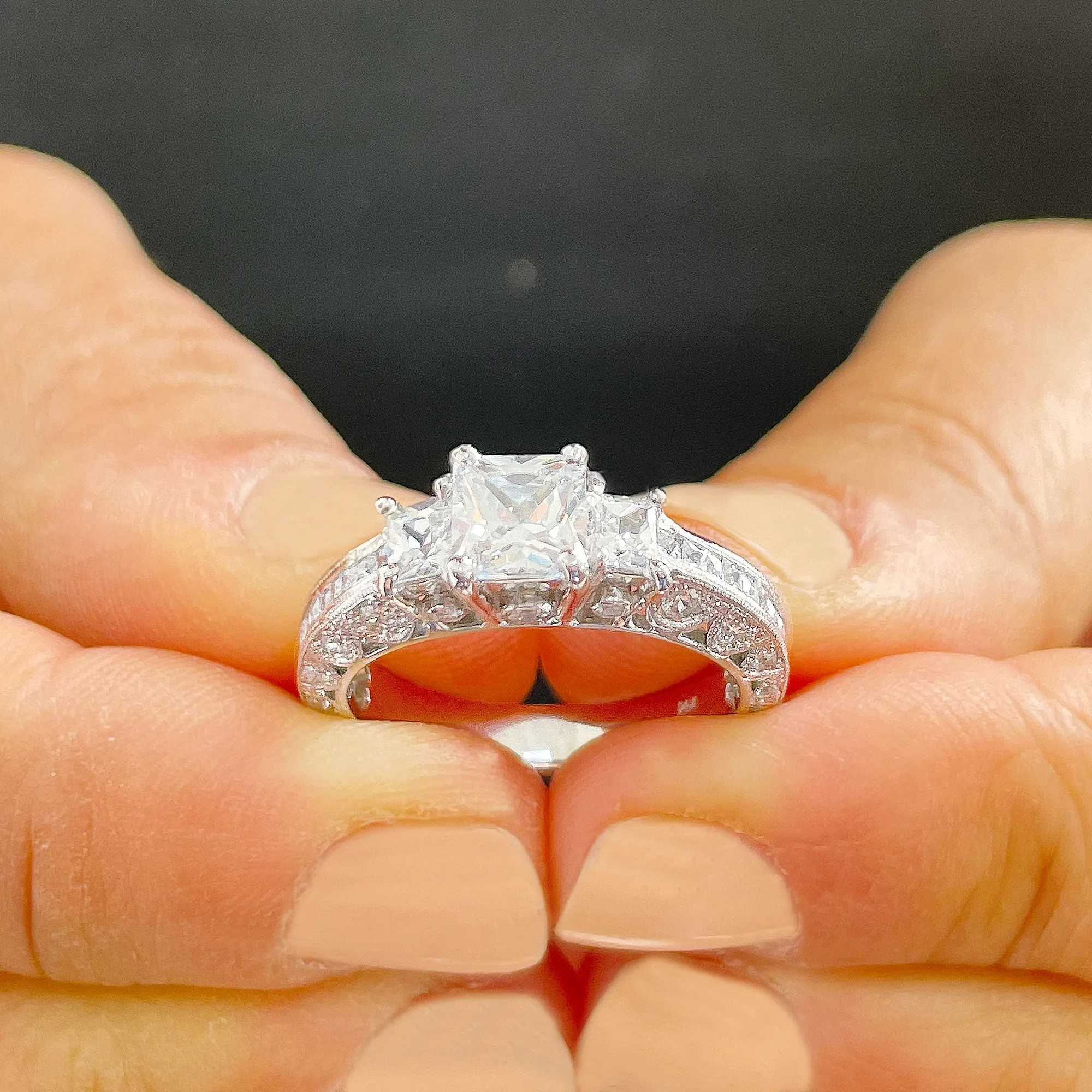 14K Solid White Gold Natural Princess Cut And Round Cut Diamond Engagement Ring Bridal Filigree Antique Style 2.00ctw