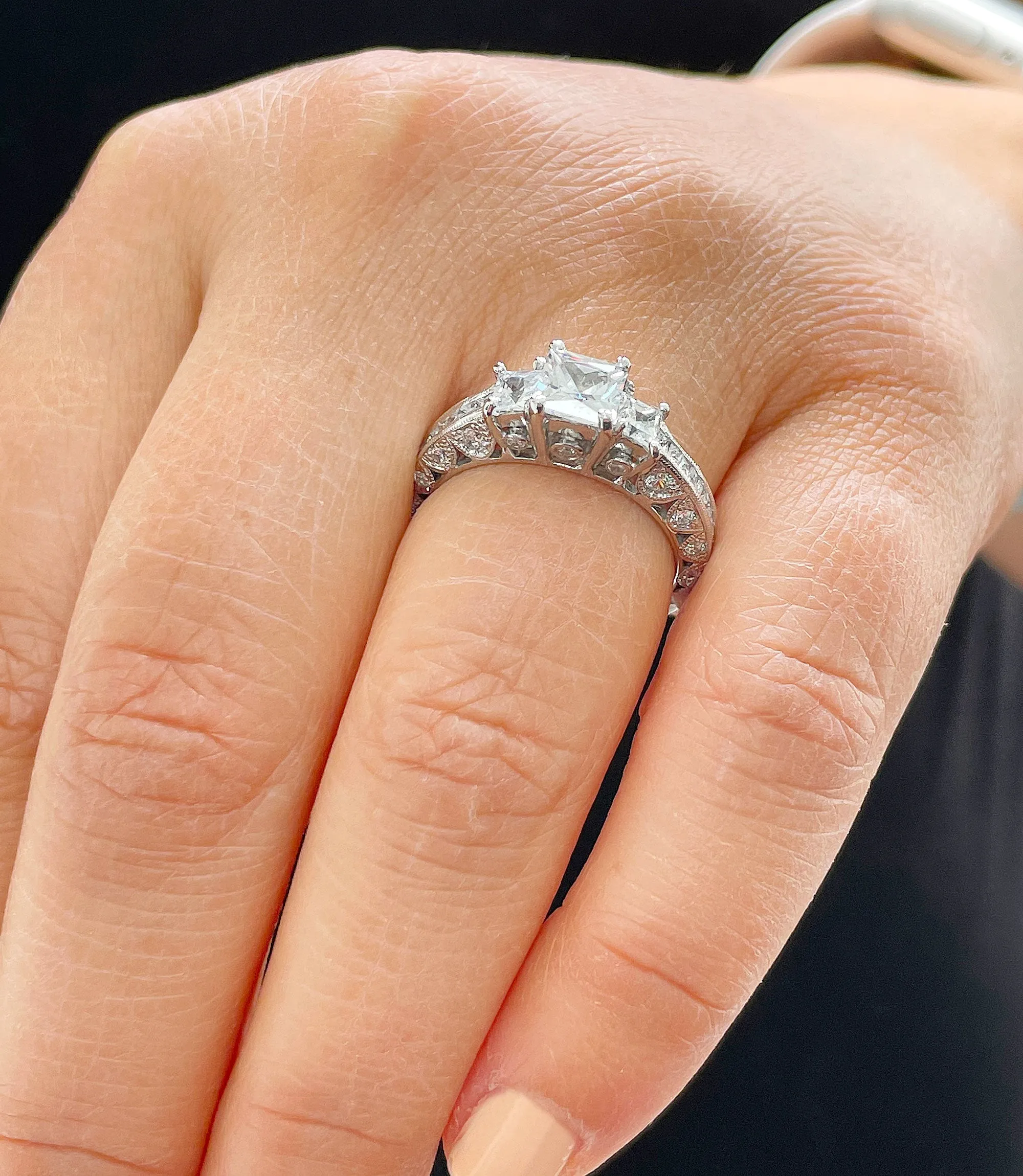 14K Solid White Gold Natural Princess Cut And Round Cut Diamond Engagement Ring Bridal Filigree Antique Style 2.00ctw