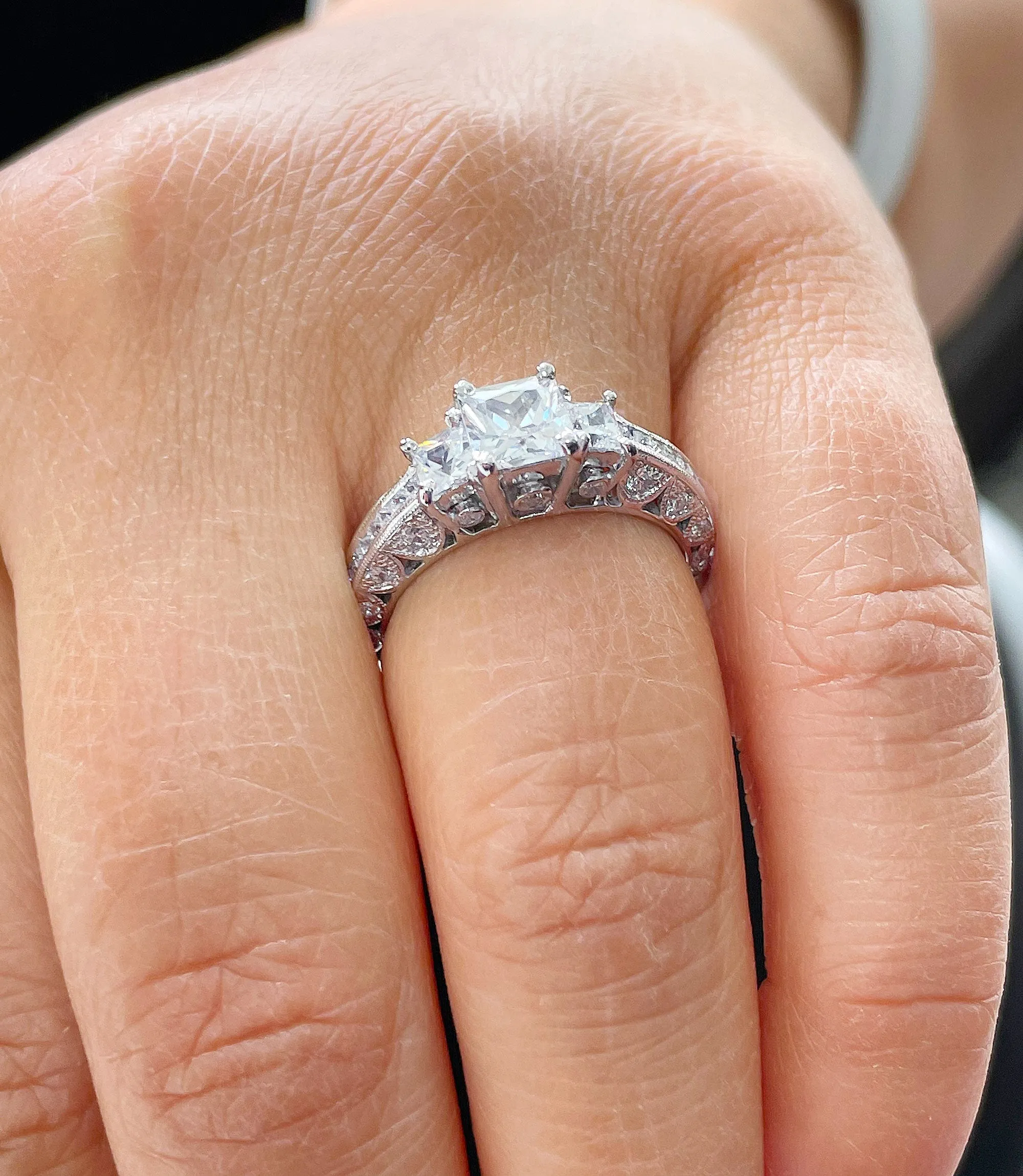 14K Solid White Gold Natural Princess Cut And Round Cut Diamond Engagement Ring Bridal Filigree Antique Style 2.00ctw