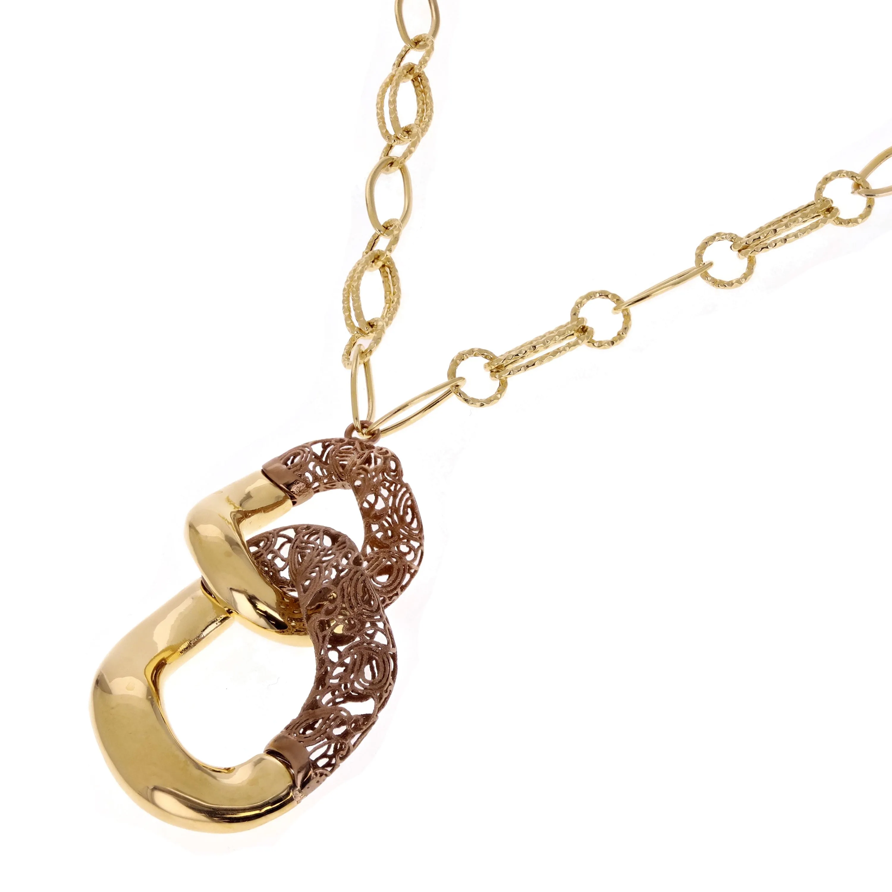14k Two Tone Gold Italian Hollow Fancy Chain Pendant Necklace 20" 15.1g