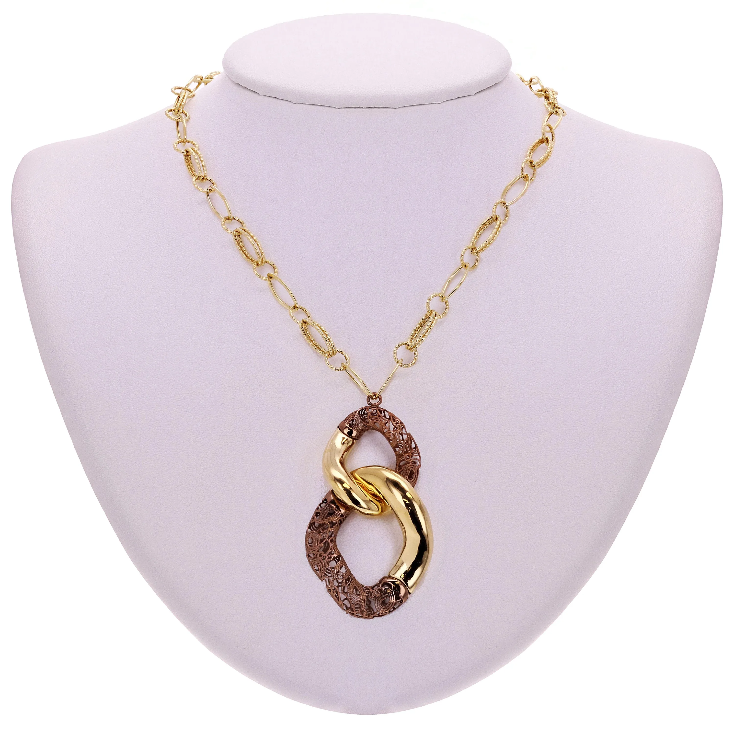 14k Two Tone Gold Italian Hollow Fancy Chain Pendant Necklace 20" 15.1g