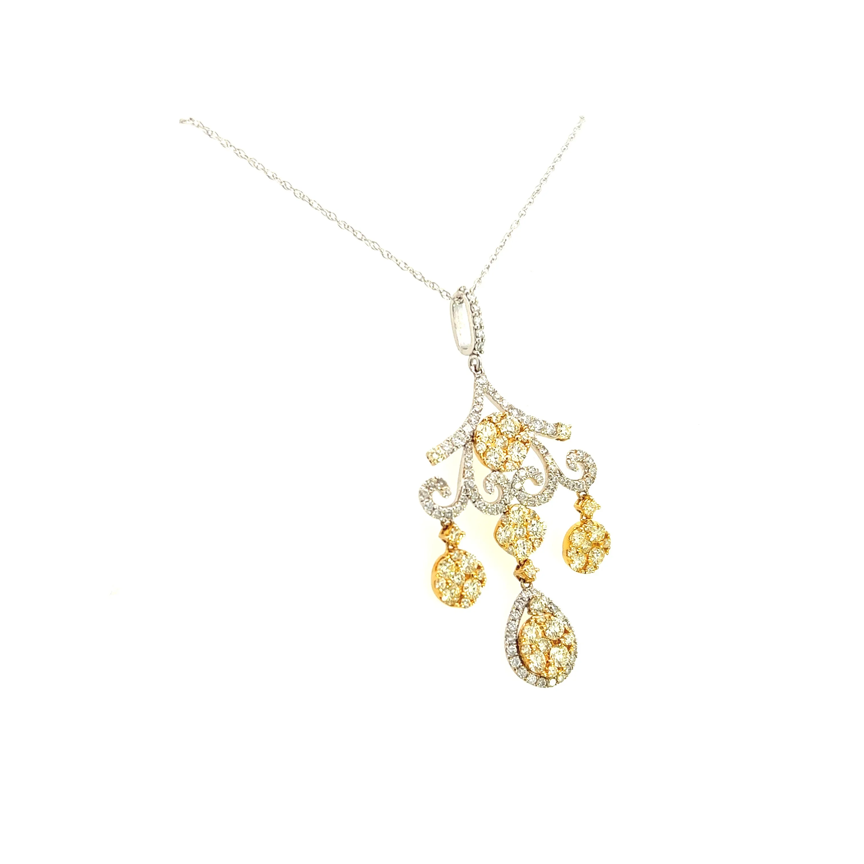 14K White And Yellow Gold Drop Pendant With Fancy Yellow And White Diamonds (2.61ctw)