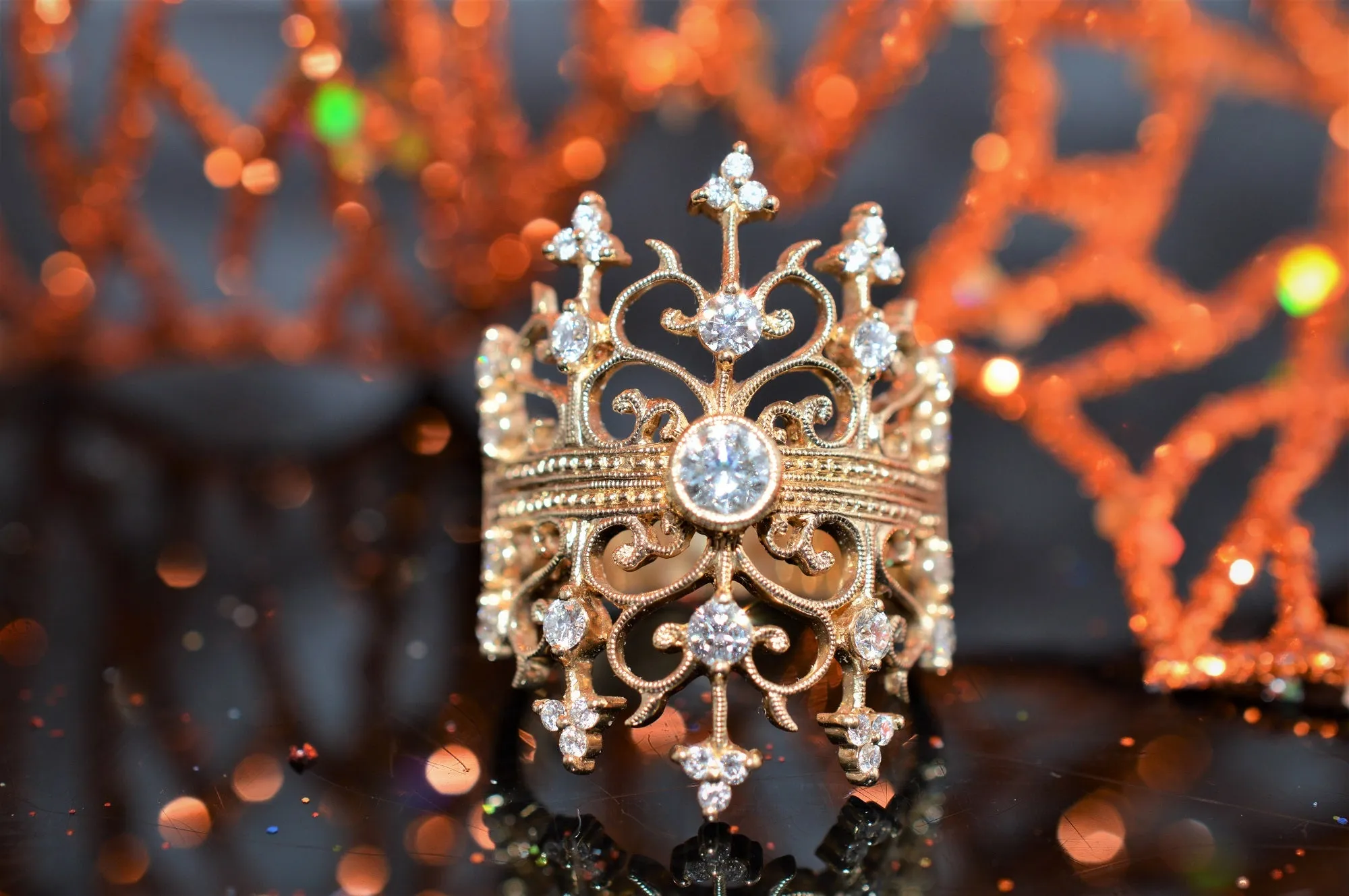 14K Yellow Gold Diamond Double Crown Gold Fashion Ring