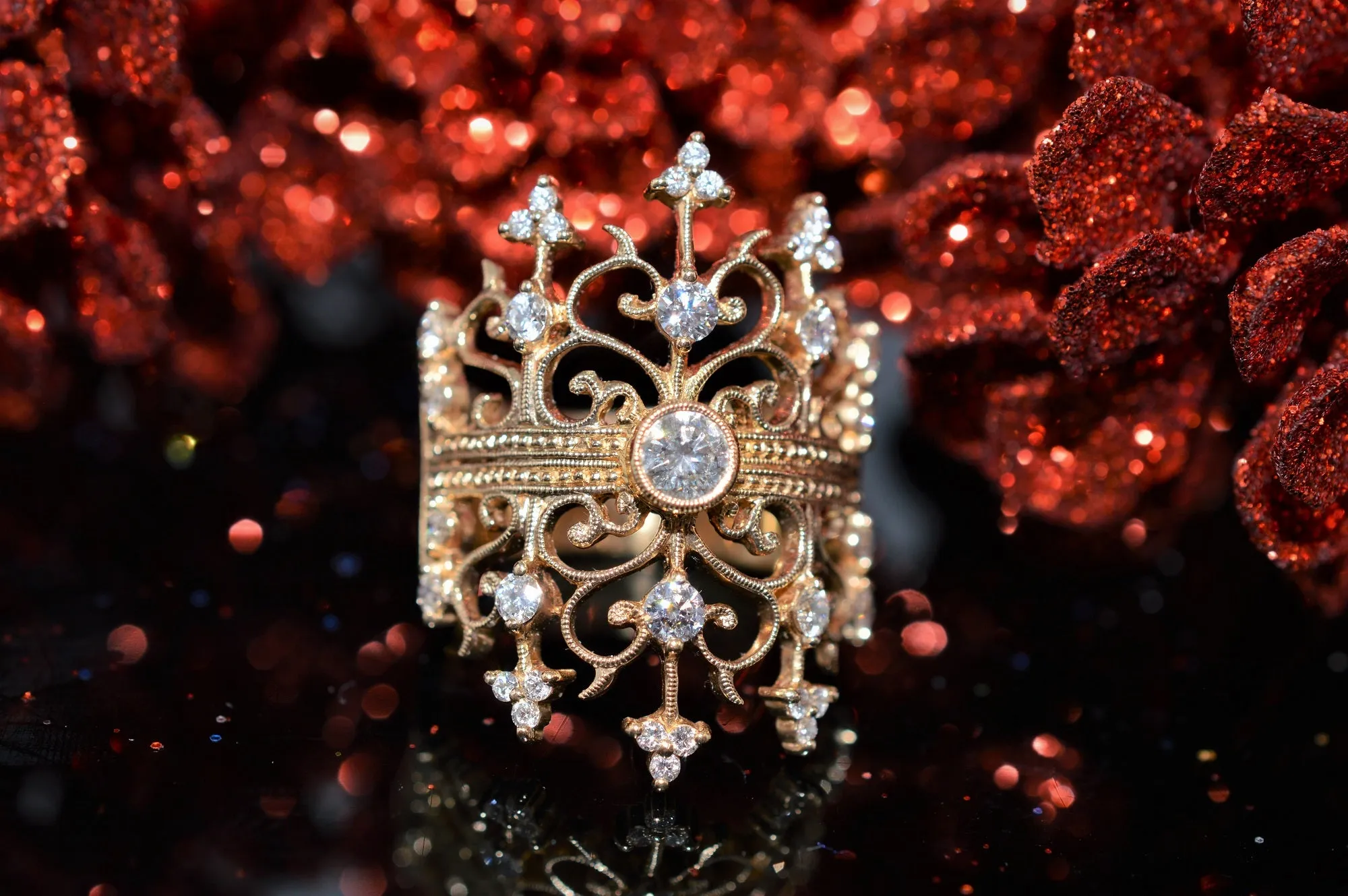 14K Yellow Gold Diamond Double Crown Gold Fashion Ring
