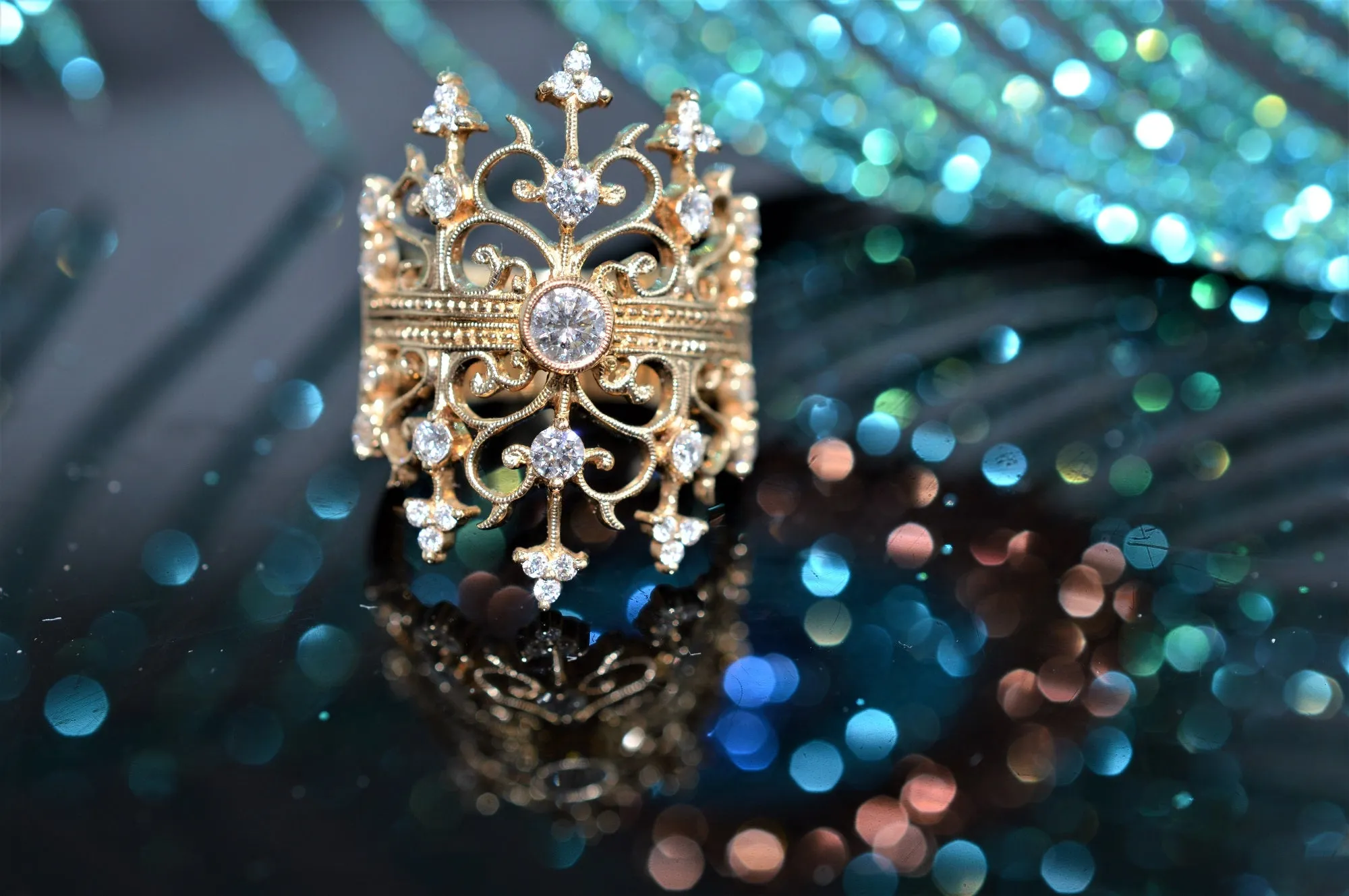 14K Yellow Gold Diamond Double Crown Gold Fashion Ring