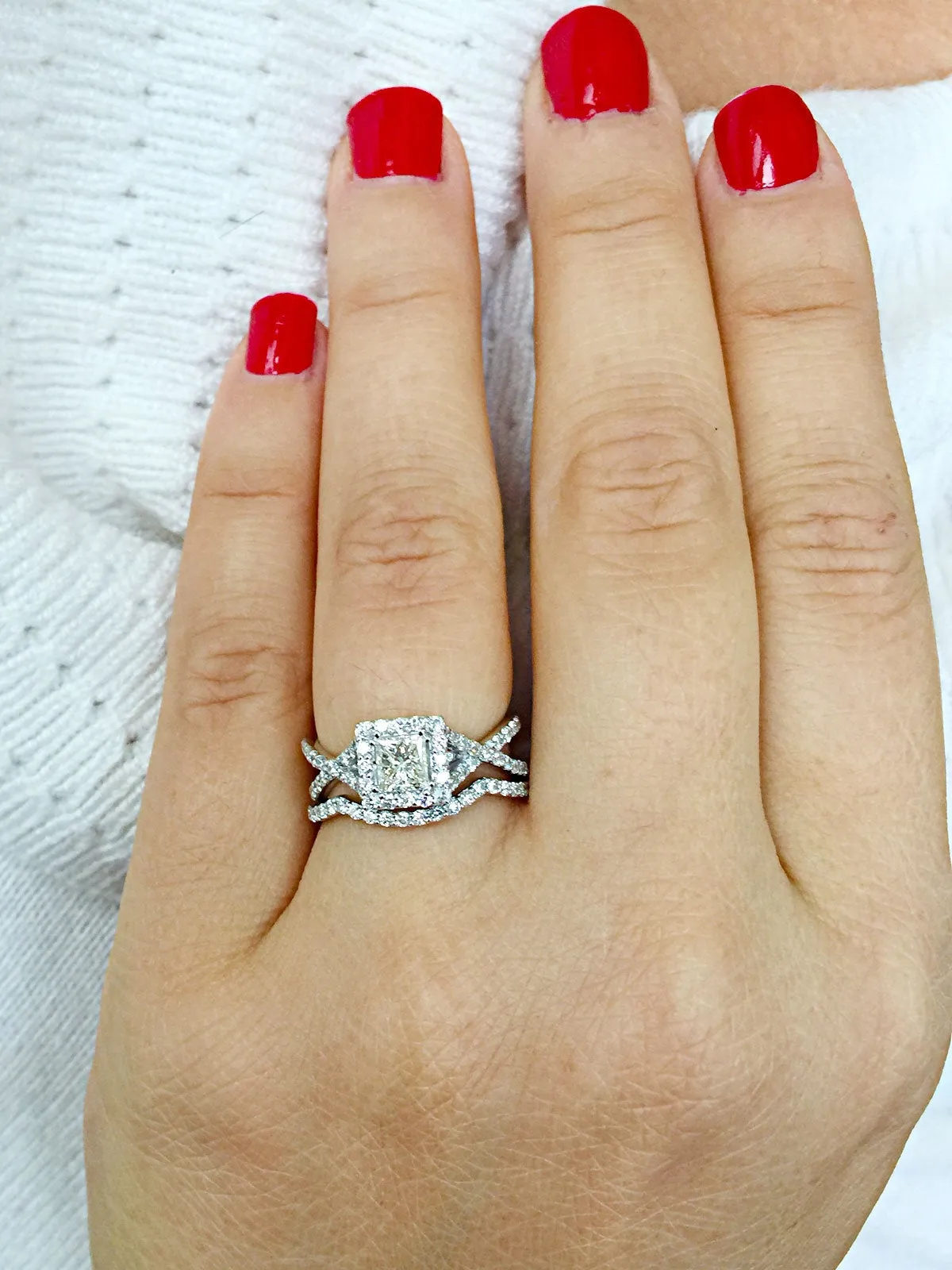 1.50 Carat princess cut diamond engagement ring and band natural diamonds bridal wedding set halo 14k solid white gold round cut sides