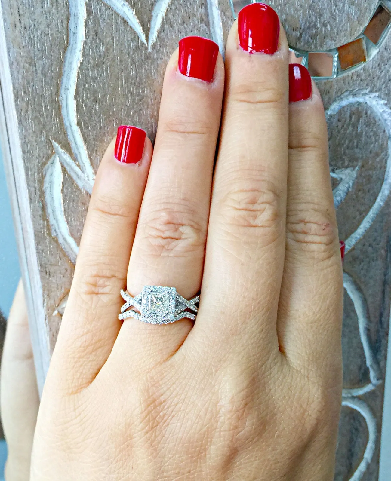 1.50 Carat princess cut diamond engagement ring and band natural diamonds bridal wedding set halo 14k solid white gold round cut sides