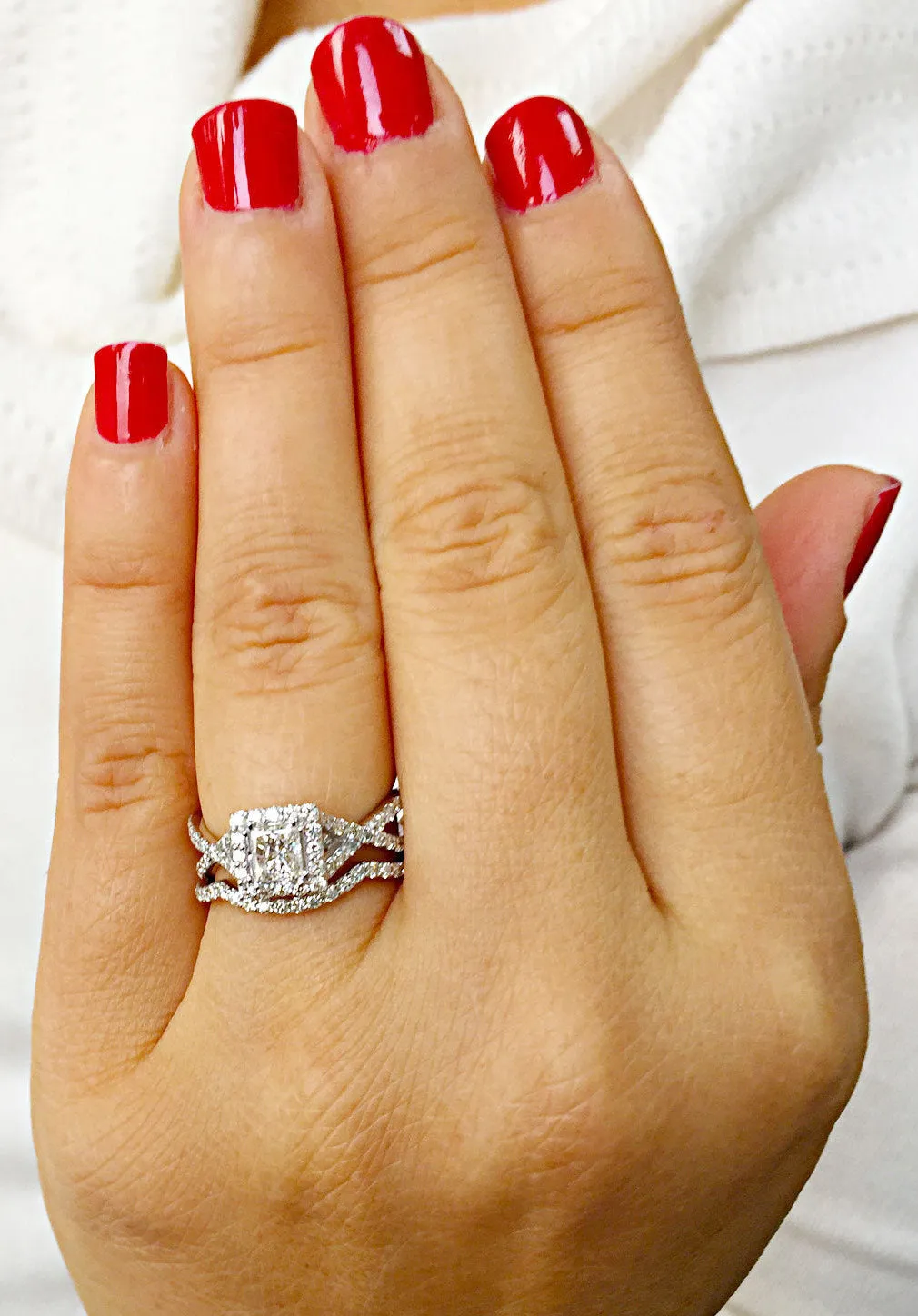 1.50 Carat princess cut diamond engagement ring and band natural diamonds bridal wedding set halo 14k solid white gold round cut sides
