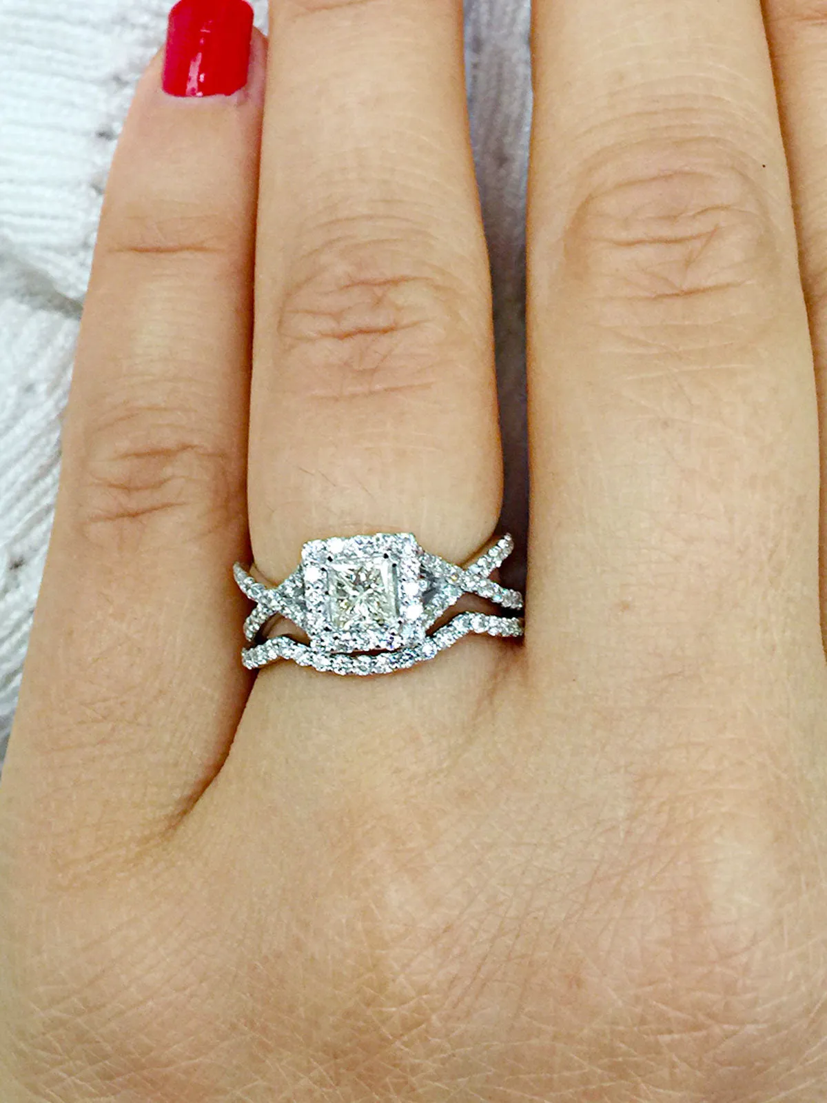 1.50 Carat princess cut diamond engagement ring and band natural diamonds bridal wedding set halo 14k solid white gold round cut sides