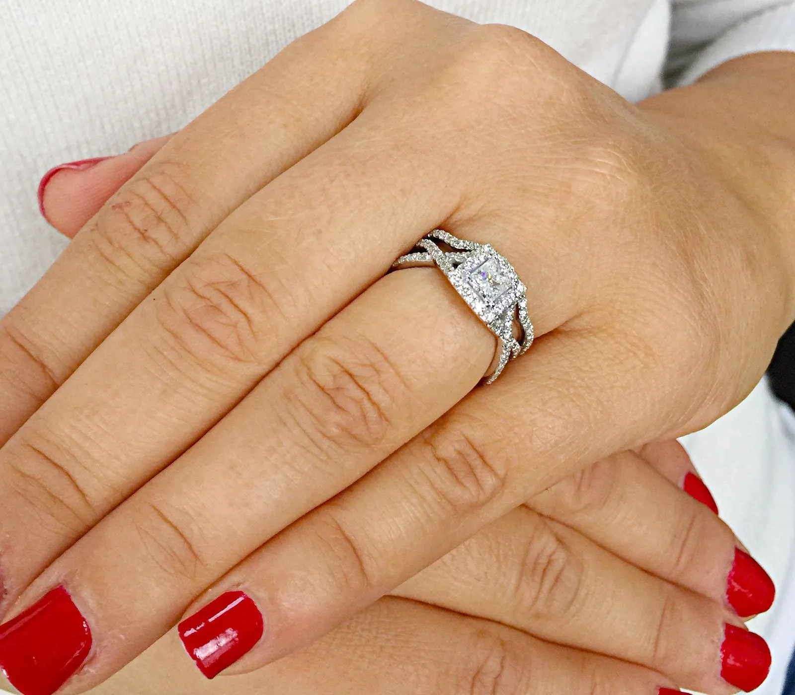 1.50 Carat princess cut diamond engagement ring and band natural diamonds bridal wedding set halo 14k solid white gold round cut sides