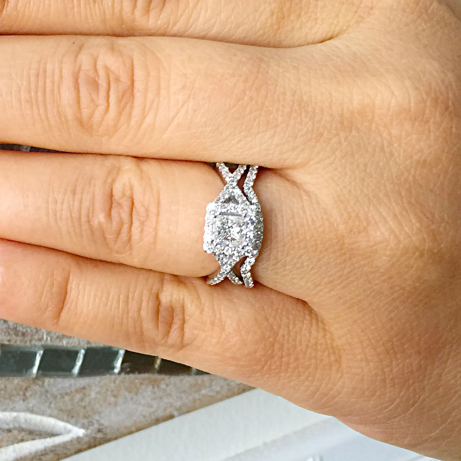 1.50 Carat princess cut diamond engagement ring and band natural diamonds bridal wedding set halo 14k solid white gold round cut sides