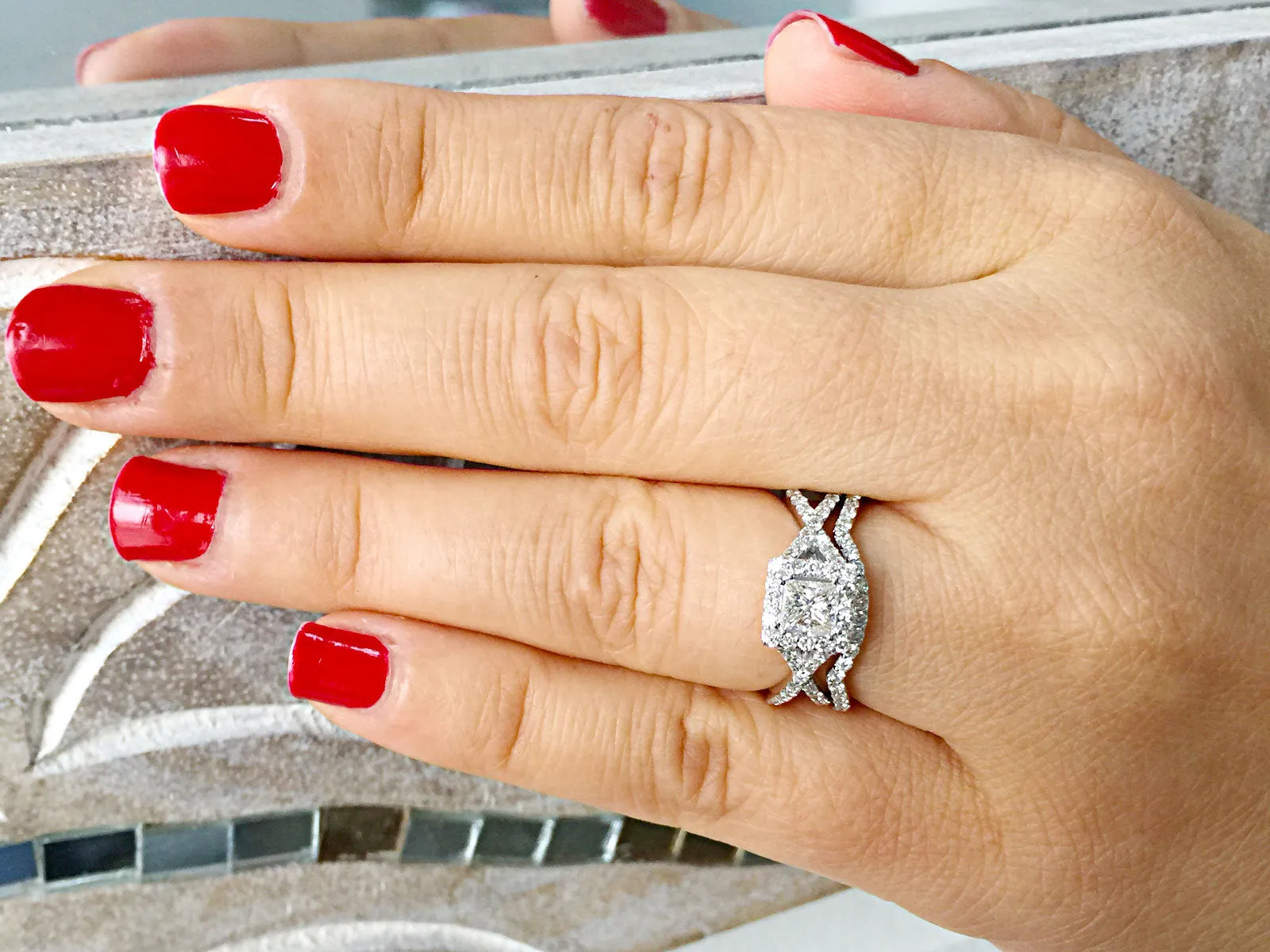 1.50 Carat princess cut diamond engagement ring and band natural diamonds bridal wedding set halo 14k solid white gold round cut sides