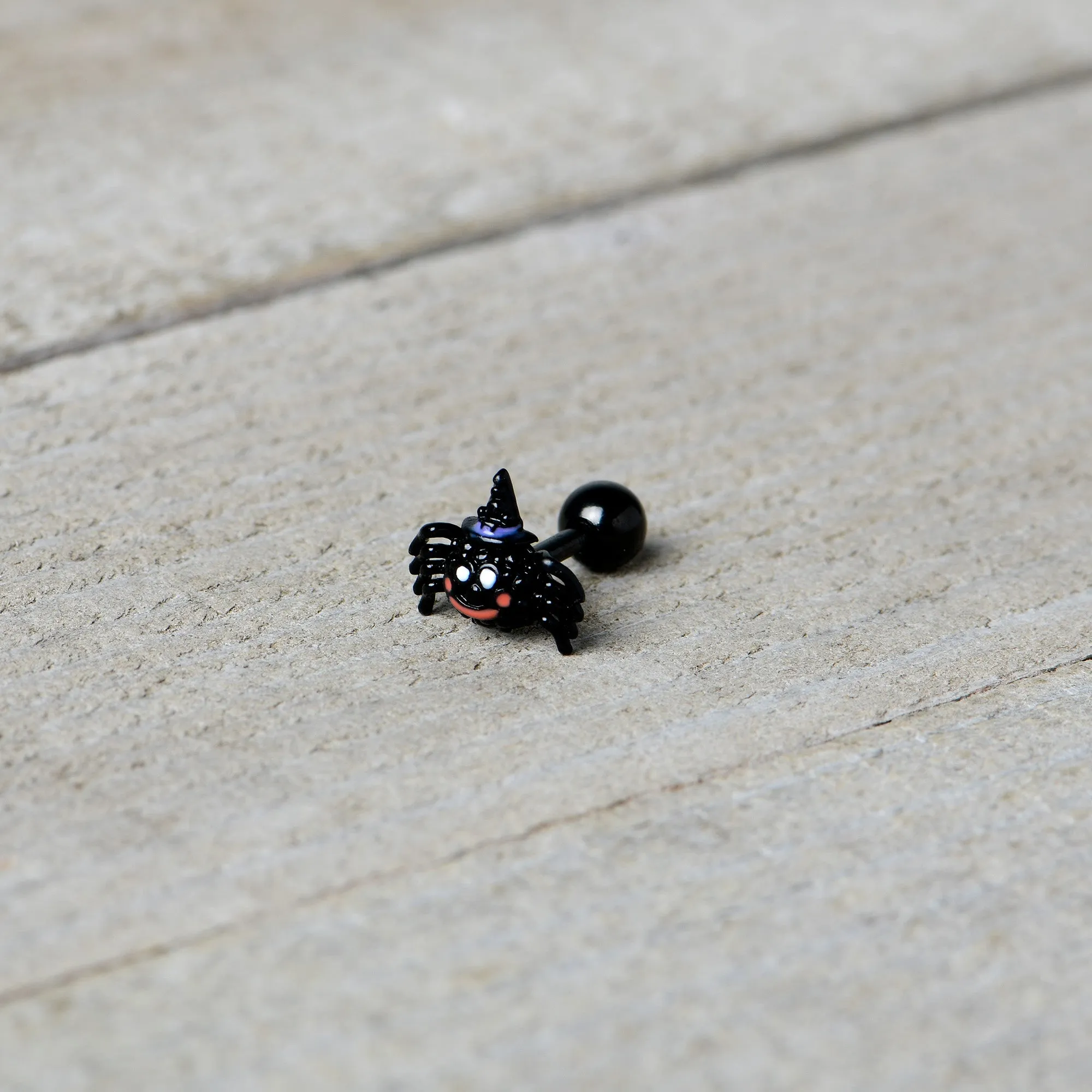 16 Gauge 1/4 Black Halloween Witchy Smiling Spider Cartilage Earring