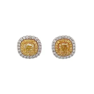 18K White and Yellow Gold Cushion Cut Fancy Yellow Diamond Double Halo Stud Earrings (1.88ctw)