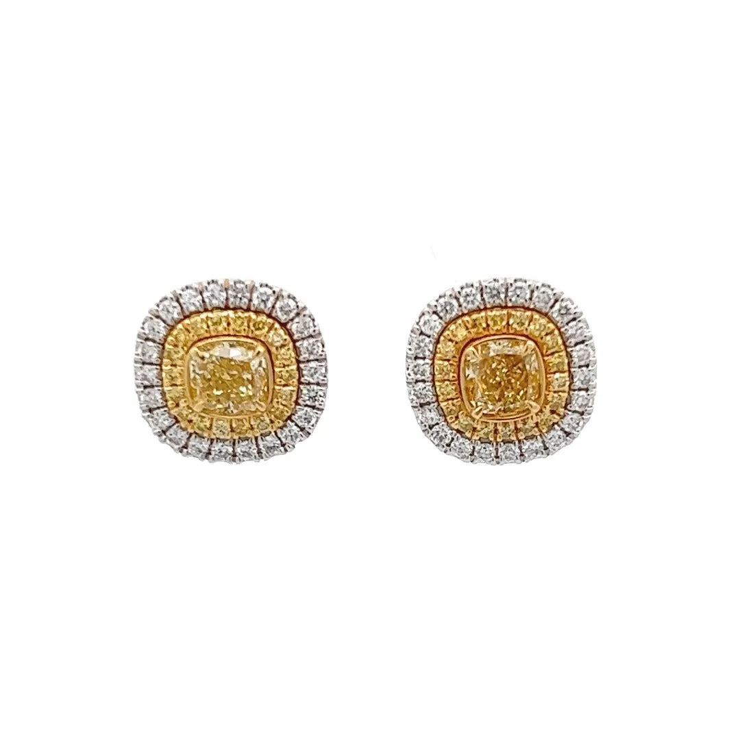 18K White and Yellow Gold Cushion Cut Fancy Yellow Diamond Double Halo Stud Earrings (1.88ctw)