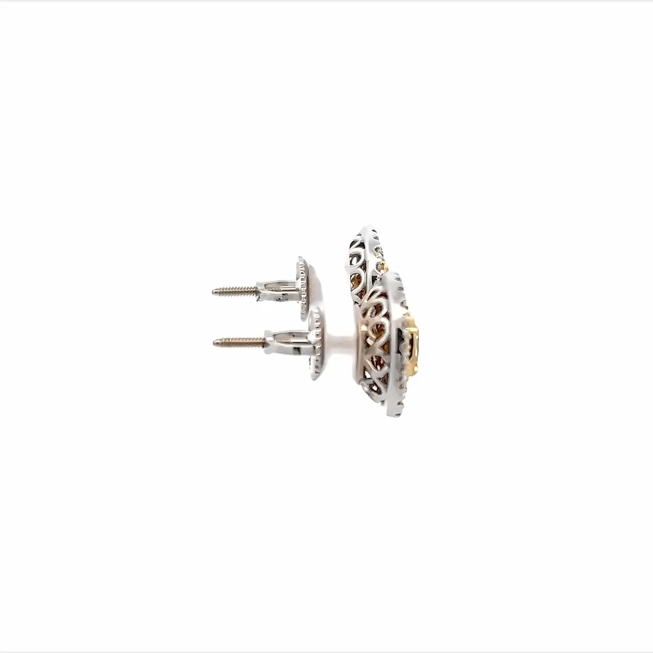 18K White and Yellow Gold Cushion Cut Fancy Yellow Diamond Double Halo Stud Earrings (1.88ctw)
