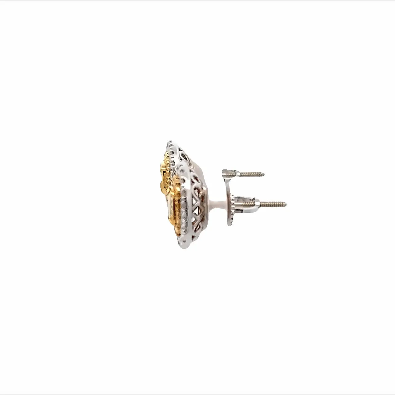 18K White and Yellow Gold Cushion Cut Fancy Yellow Diamond Double Halo Stud Earrings (1.88ctw)