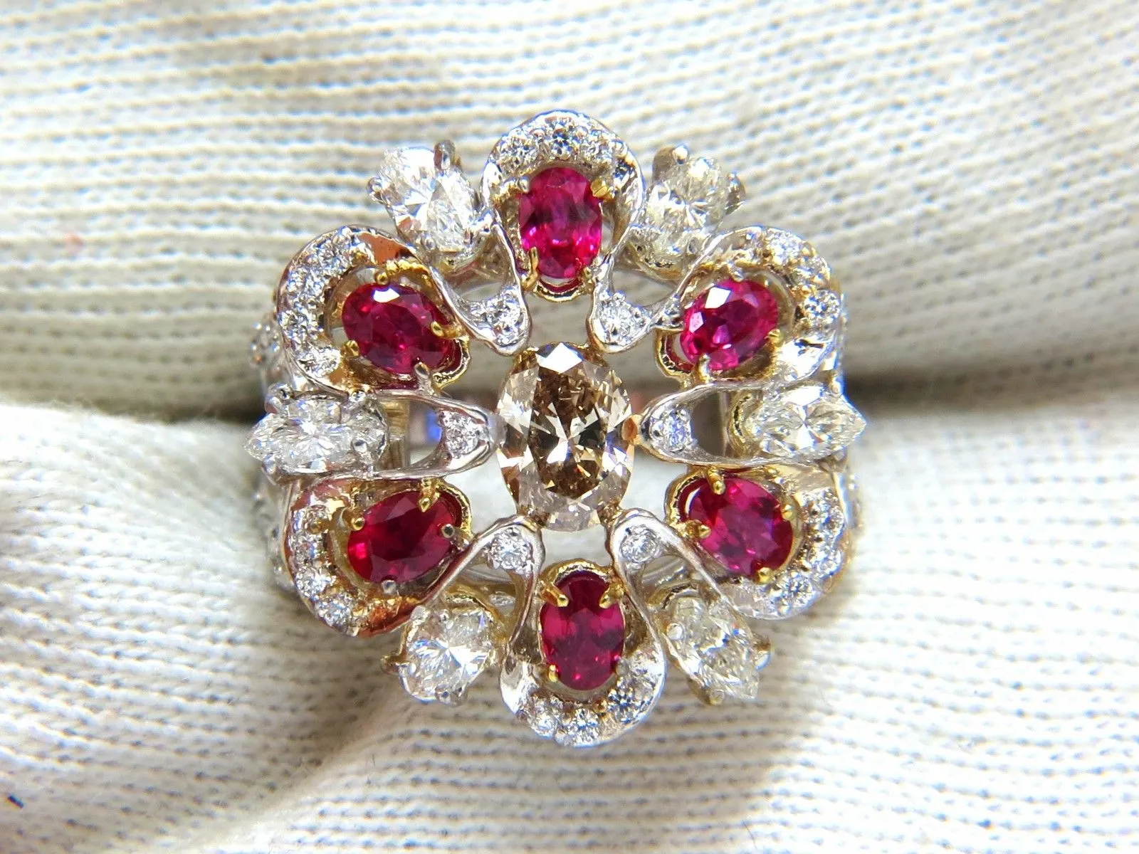 18kt Natural Fancy color Diamond Ruby Cocktail Cluster ring