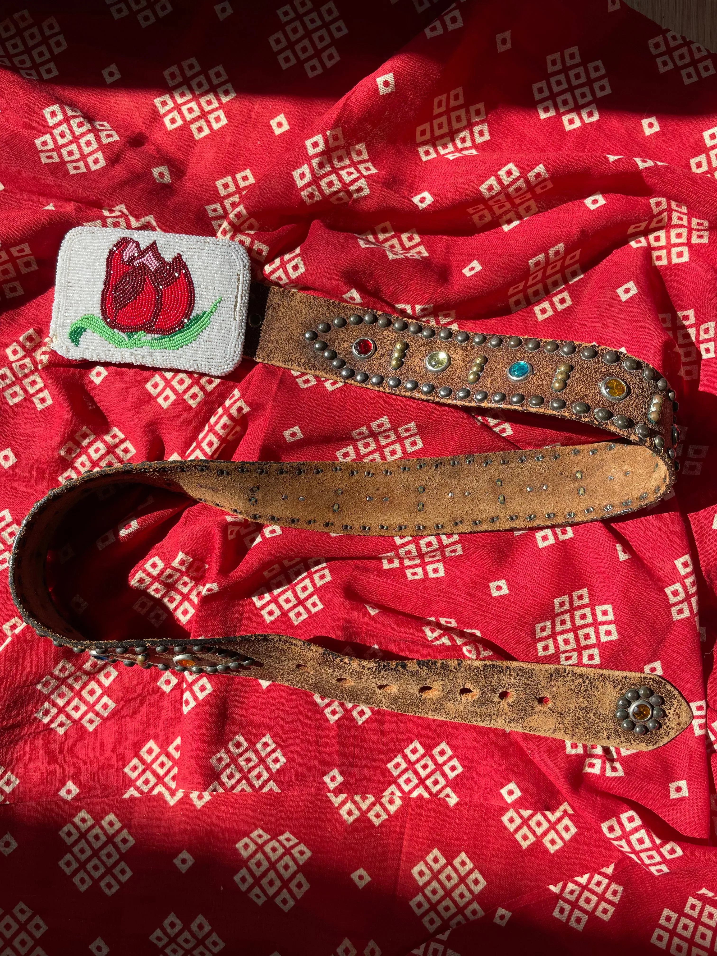 1940s Studded Rhinestone Leather Biker Belt