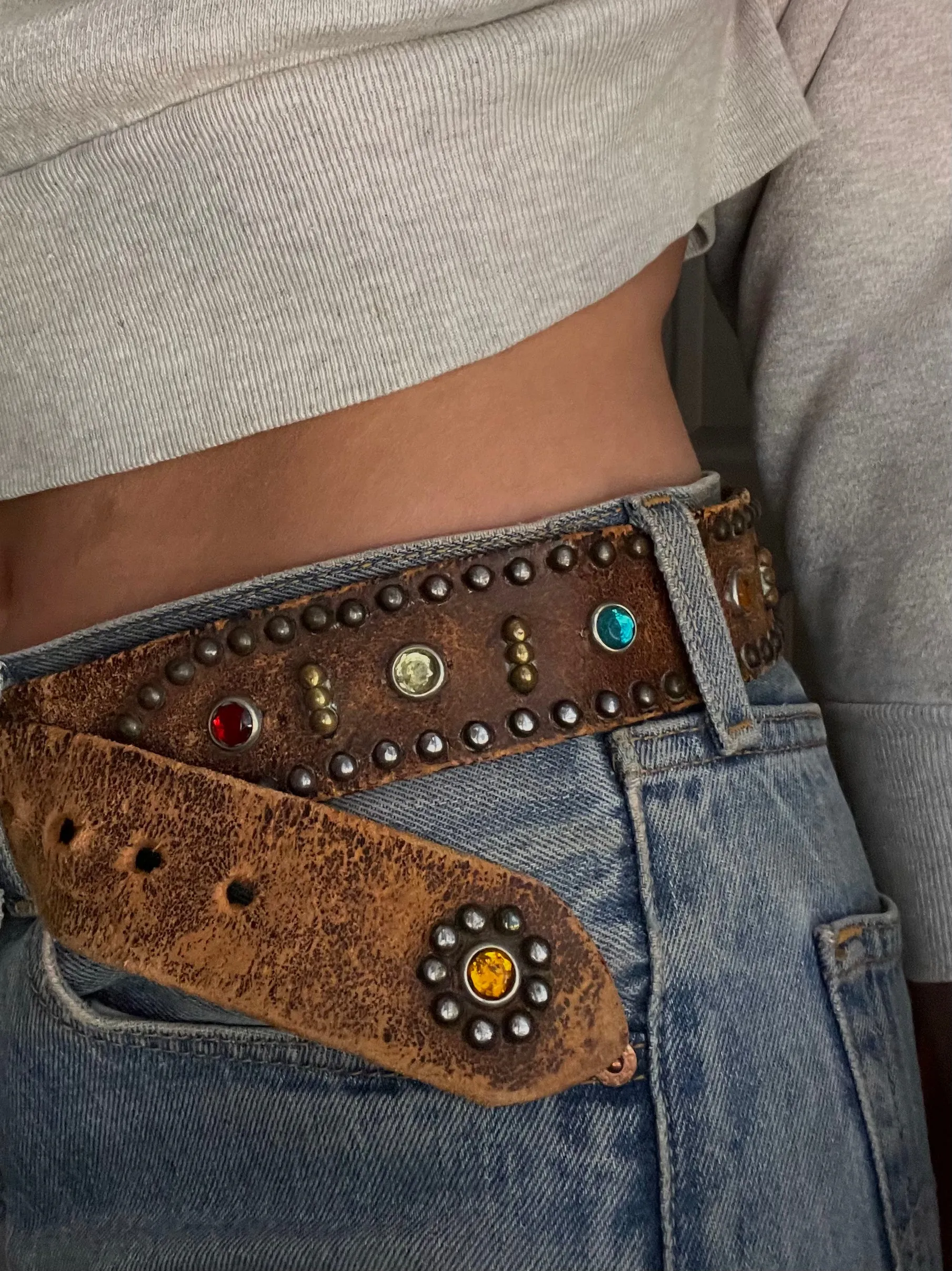 1940s Studded Rhinestone Leather Biker Belt