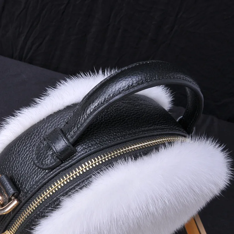 2022 New Arrivals Women's Real Mink Fur Handbags Cute Plush Cowhide Round Bag Chain Crossbody Bag Female Shoulder Bag 8823