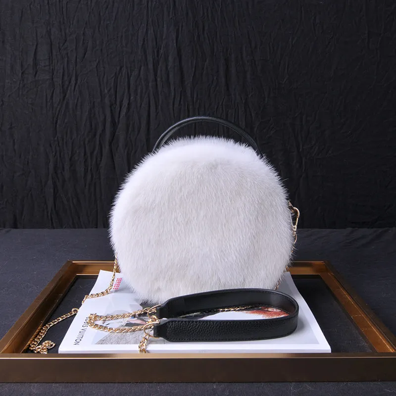 2022 New Arrivals Women's Real Mink Fur Handbags Cute Plush Cowhide Round Bag Chain Crossbody Bag Female Shoulder Bag 8823