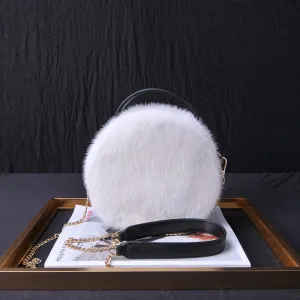 2022 New Arrivals Women's Real Mink Fur Handbags Cute Plush Cowhide Round Bag Chain Crossbody Bag Female Shoulder Bag 8823