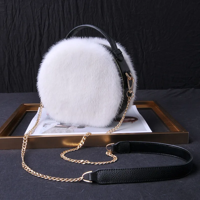 2022 New Arrivals Women's Real Mink Fur Handbags Cute Plush Cowhide Round Bag Chain Crossbody Bag Female Shoulder Bag 8823