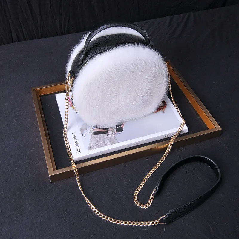 2022 New Arrivals Women's Real Mink Fur Handbags Cute Plush Cowhide Round Bag Chain Crossbody Bag Female Shoulder Bag 8823