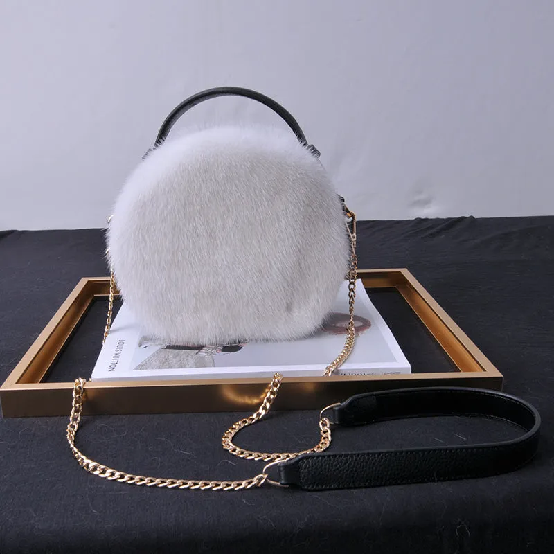 2022 New Arrivals Women's Real Mink Fur Handbags Cute Plush Cowhide Round Bag Chain Crossbody Bag Female Shoulder Bag 8823