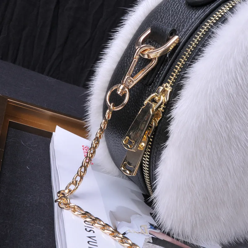 2022 New Arrivals Women's Real Mink Fur Handbags Cute Plush Cowhide Round Bag Chain Crossbody Bag Female Shoulder Bag 8823