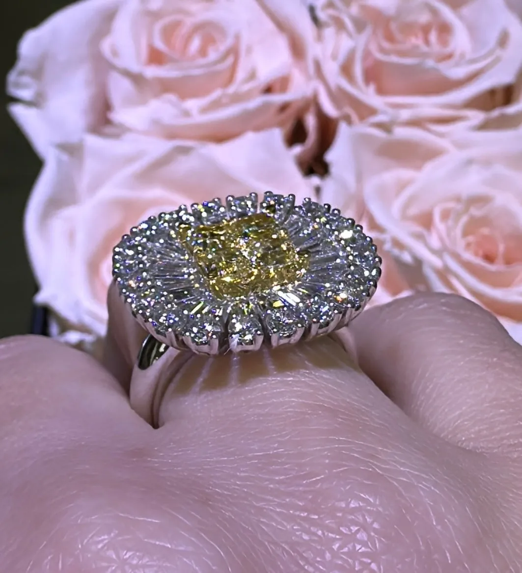 3.86ct tw Canary Fancy Yellow and White Diamond Art-Deco Style Cocktail Ring