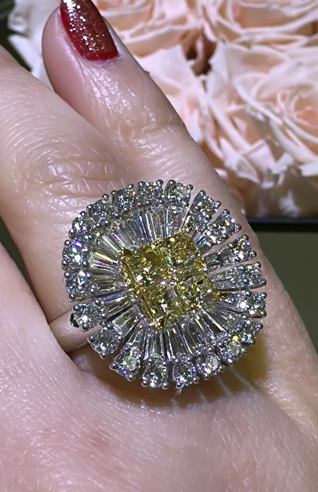 3.86ct tw Canary Fancy Yellow and White Diamond Art-Deco Style Cocktail Ring