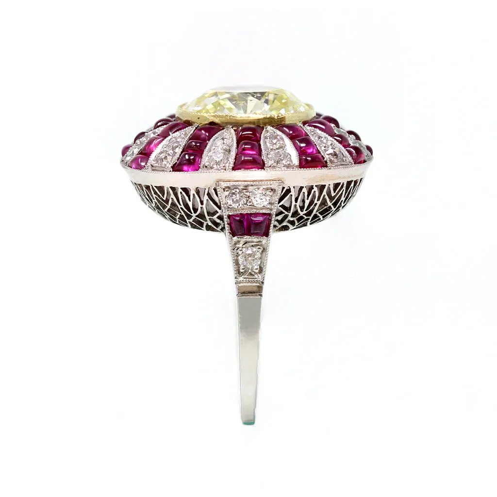 4.73 Carat Art Deco Revival GIA Fancy Yellow Cushion Diamond Ring