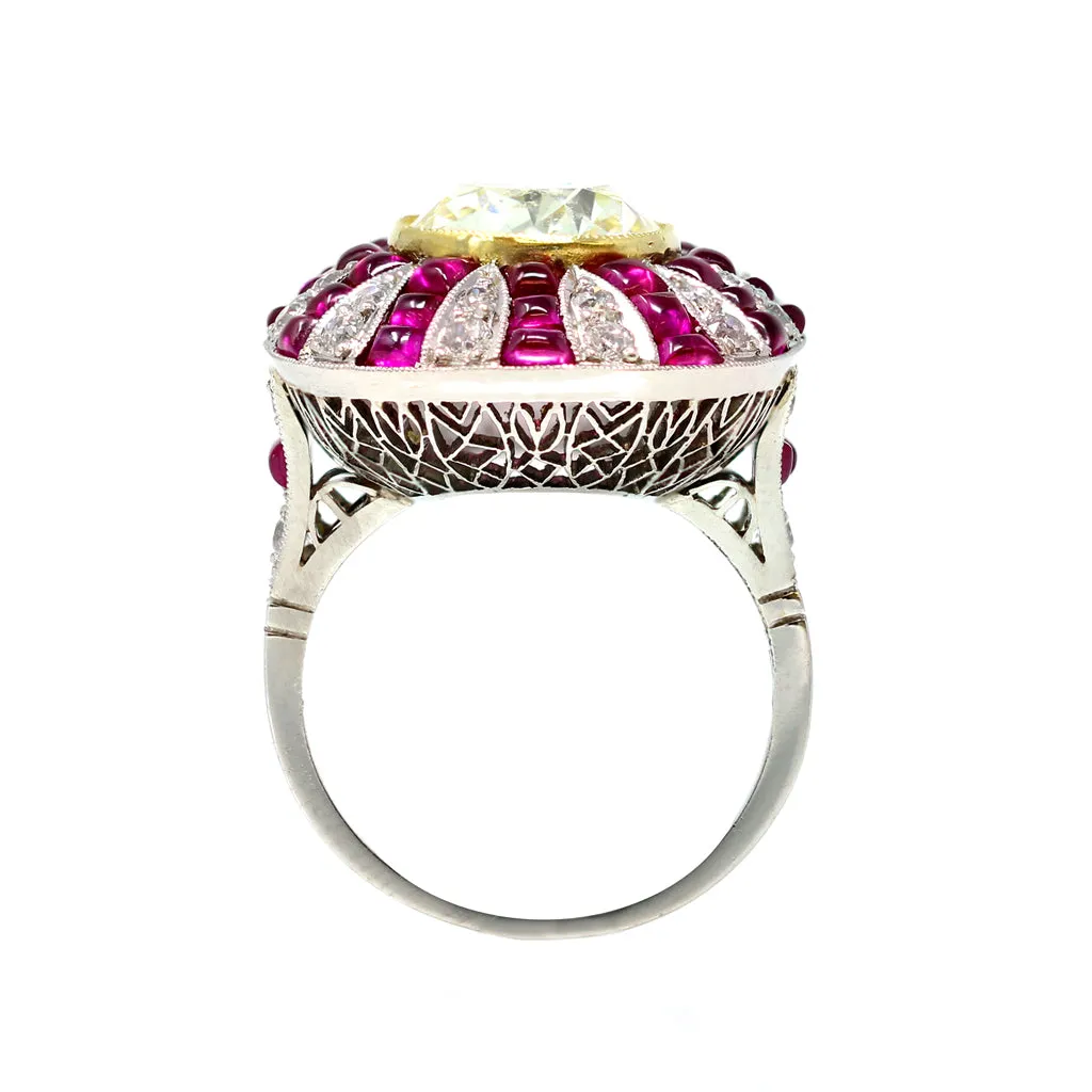4.73 Carat Art Deco Revival GIA Fancy Yellow Cushion Diamond Ring