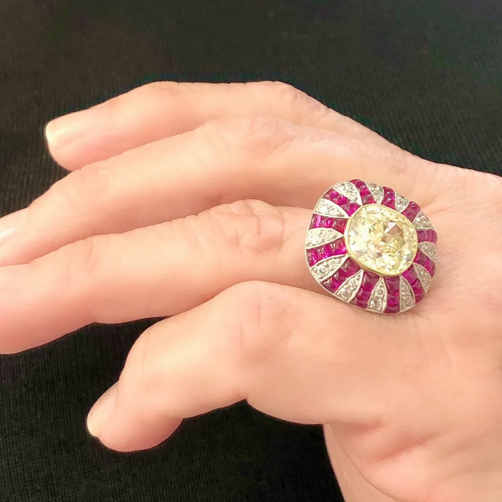 4.73 Carat Art Deco Revival GIA Fancy Yellow Cushion Diamond Ring