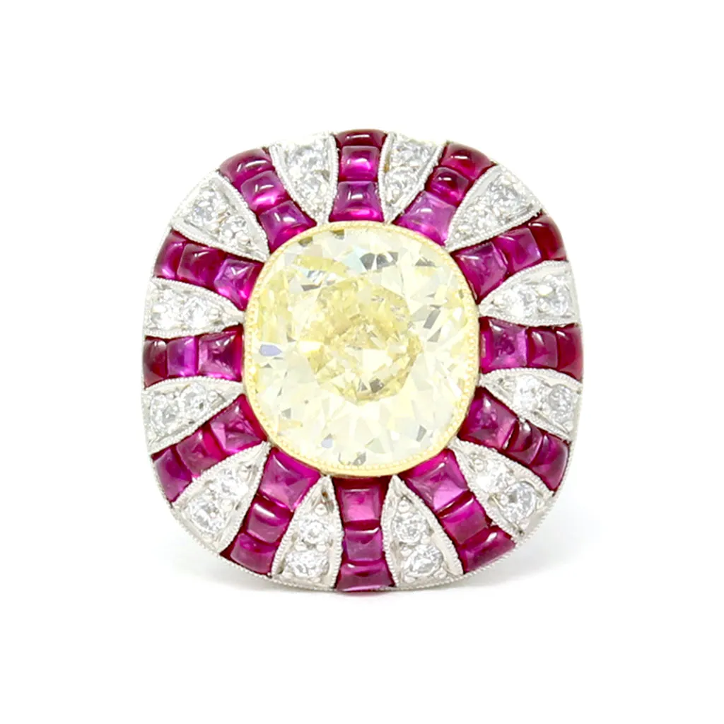 4.73 Carat Art Deco Revival GIA Fancy Yellow Cushion Diamond Ring