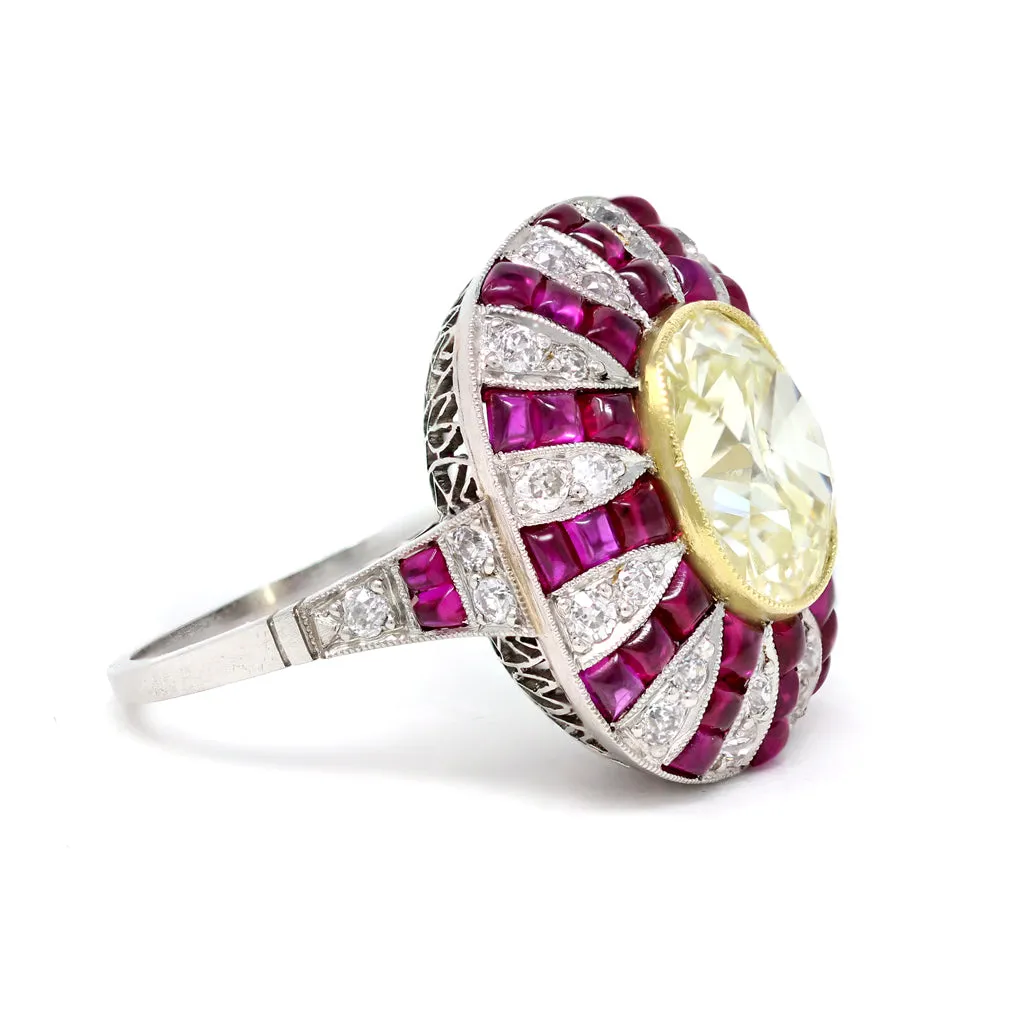 4.73 Carat Art Deco Revival GIA Fancy Yellow Cushion Diamond Ring