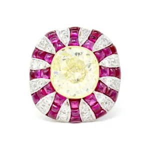 4.73 Carat Art Deco Revival GIA Fancy Yellow Cushion Diamond Ring